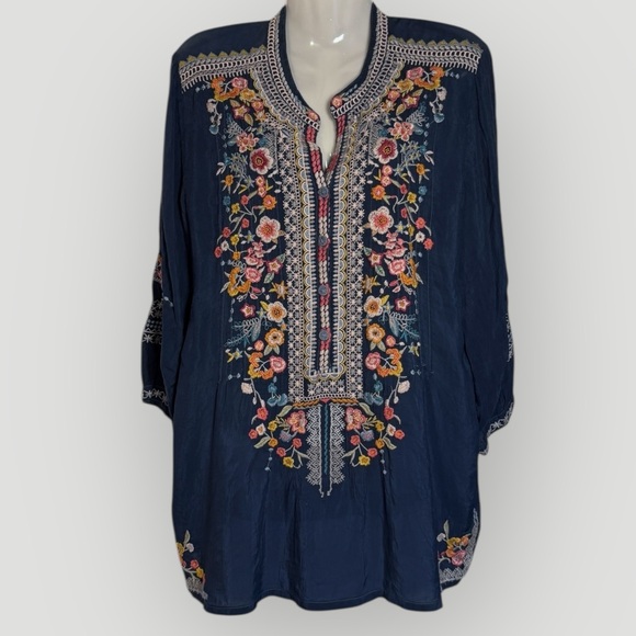 Johnny Was Navy Floral Embroidered Button Tunic - Picture 2 of 16